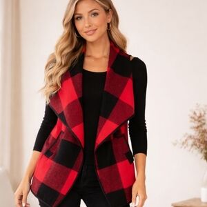 Yacun | Red & Black Buffalo Plaid Waterfall Vest – Sleeveless